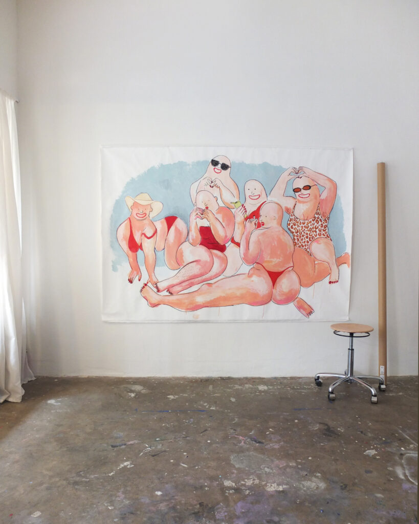 Girls on a boat, big painting, Studio